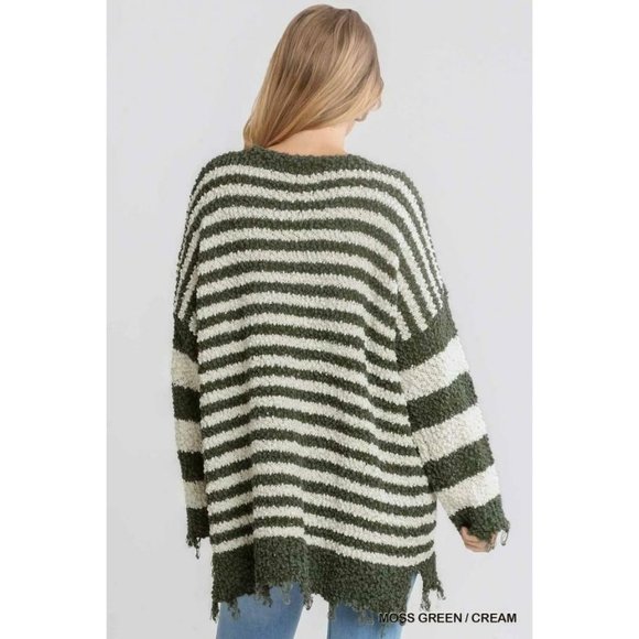 Umgee Moss Green Cream Mix Pullover Sweater Women Popcorn Striped Distressed S-L - Picture 4 of 4